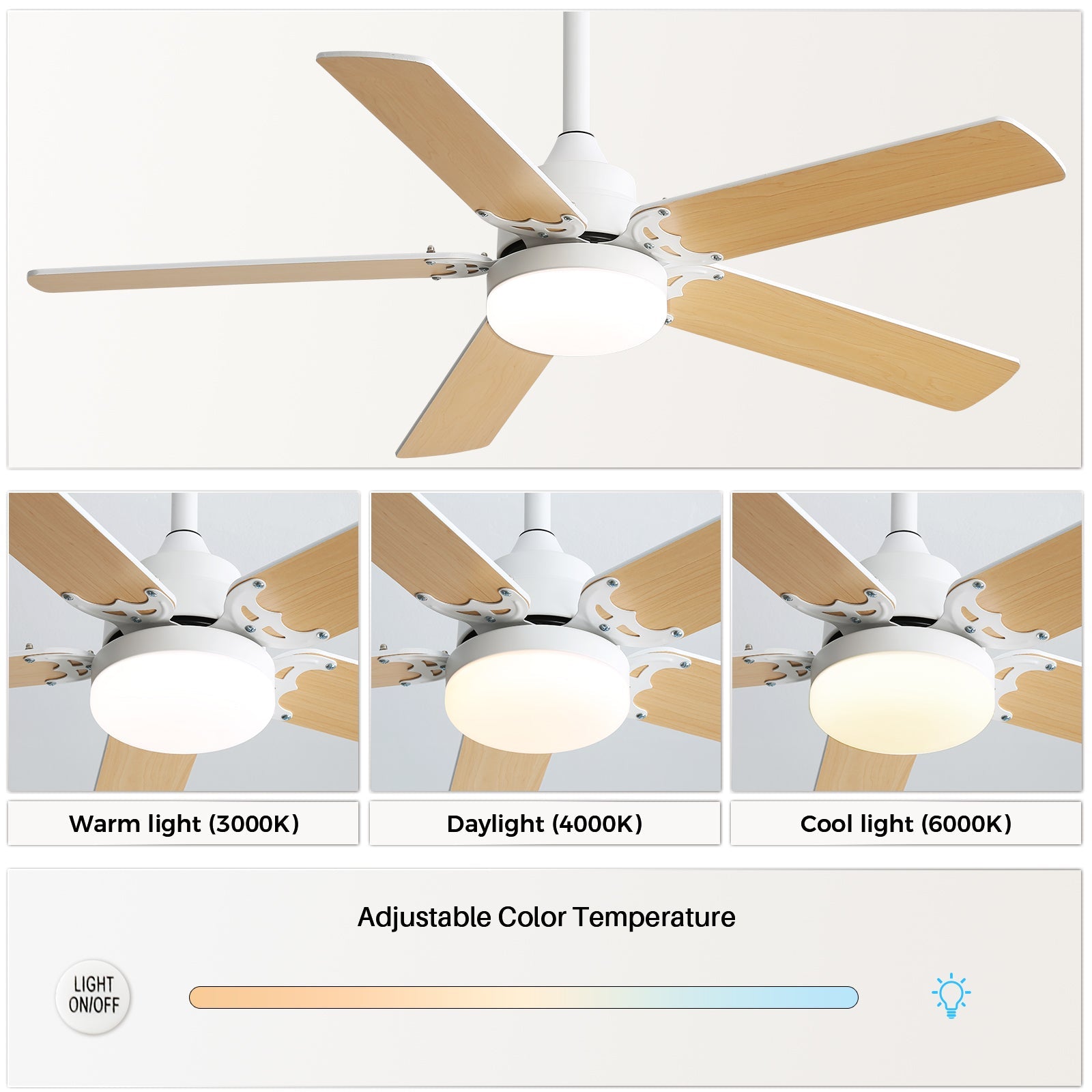 42 Inch Modern Ceiling Fan With 3 Color Dimmable Light 5 Blades Remote Control Reversible DC Motor White - Korvel