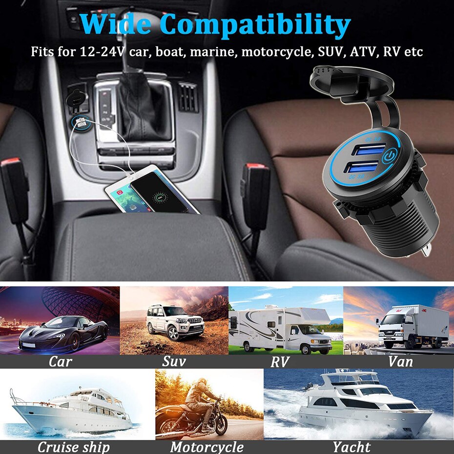 36W QC 3.0 Touch Switch Waterproof Universal Motorcycle Car Truck Boat Dual USB Charger Socket For Phone Tablet Camera GPS DVR - Korvel
