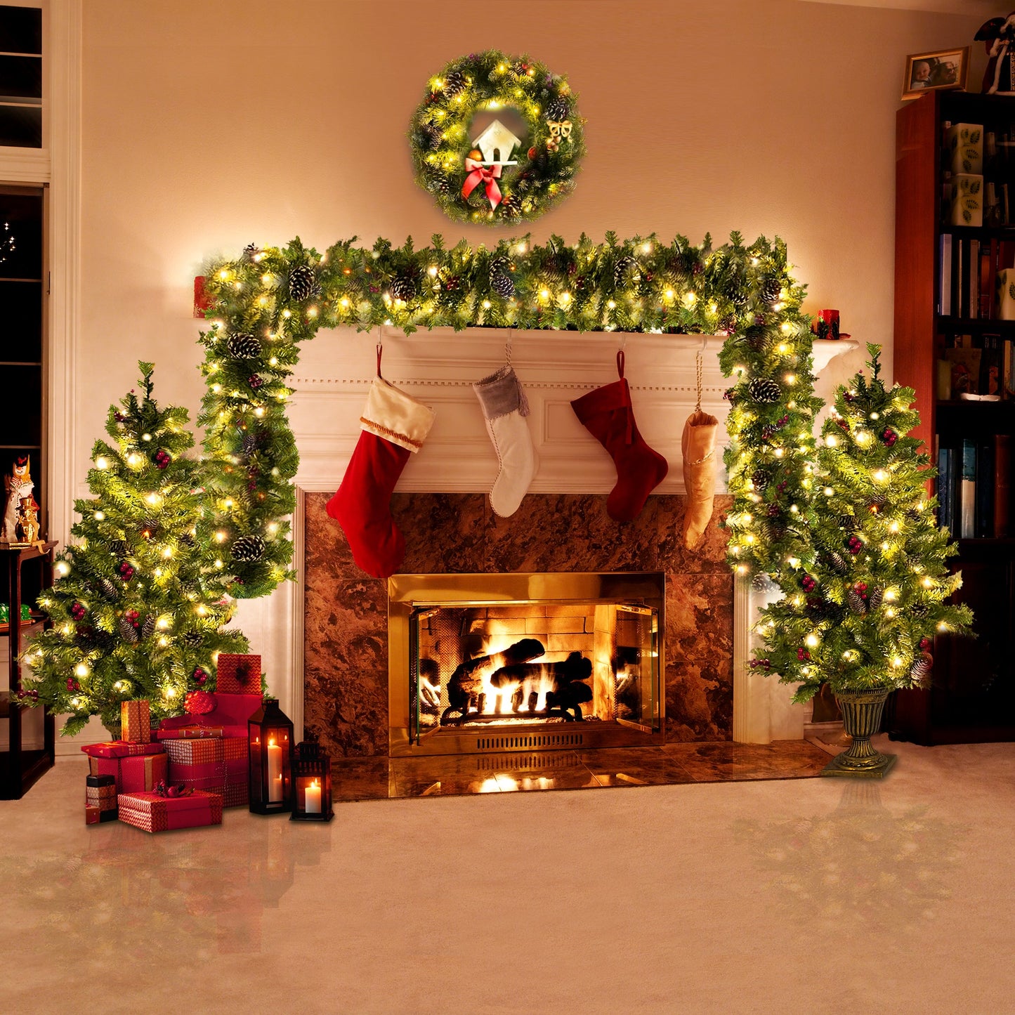 Christmas Tree Artificial Christmas 4-piece Set, including flower wreath, flower wreath, and 2 entrance trees, with LED lights - Korvel