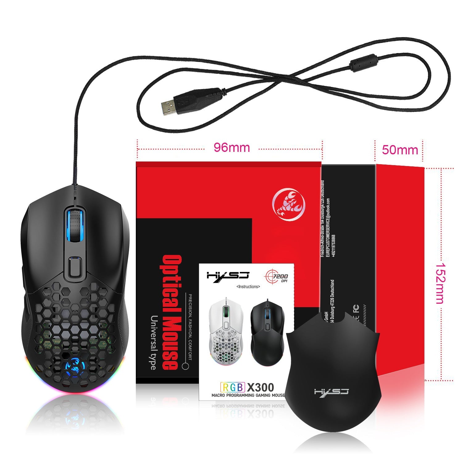 Wired mouse RGB backlight 7200dpi hole gaming mouse interchangeable back cover lightweight - Korvel