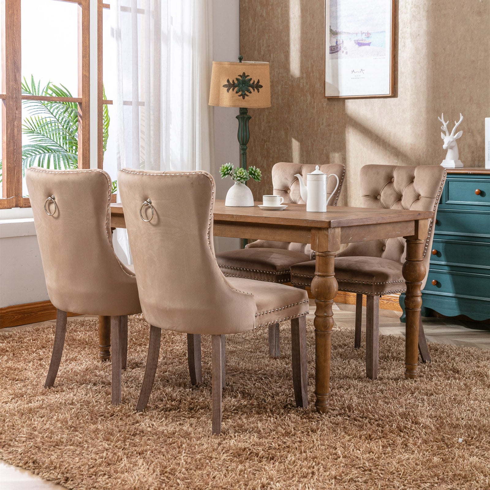High-end Tufted Solid Wood Contemporary Velvet Upholstered Dining Chair with Wood Legs Nailhead Trim 2-Pcs Set Khaki - Korvel