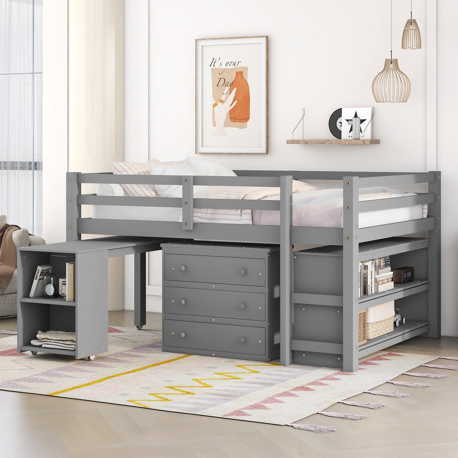 Low Study Full Loft Bed with Cabinet Shelves and Rolling Portable Desk Multiple Functions Bed- Gray - Korvel
