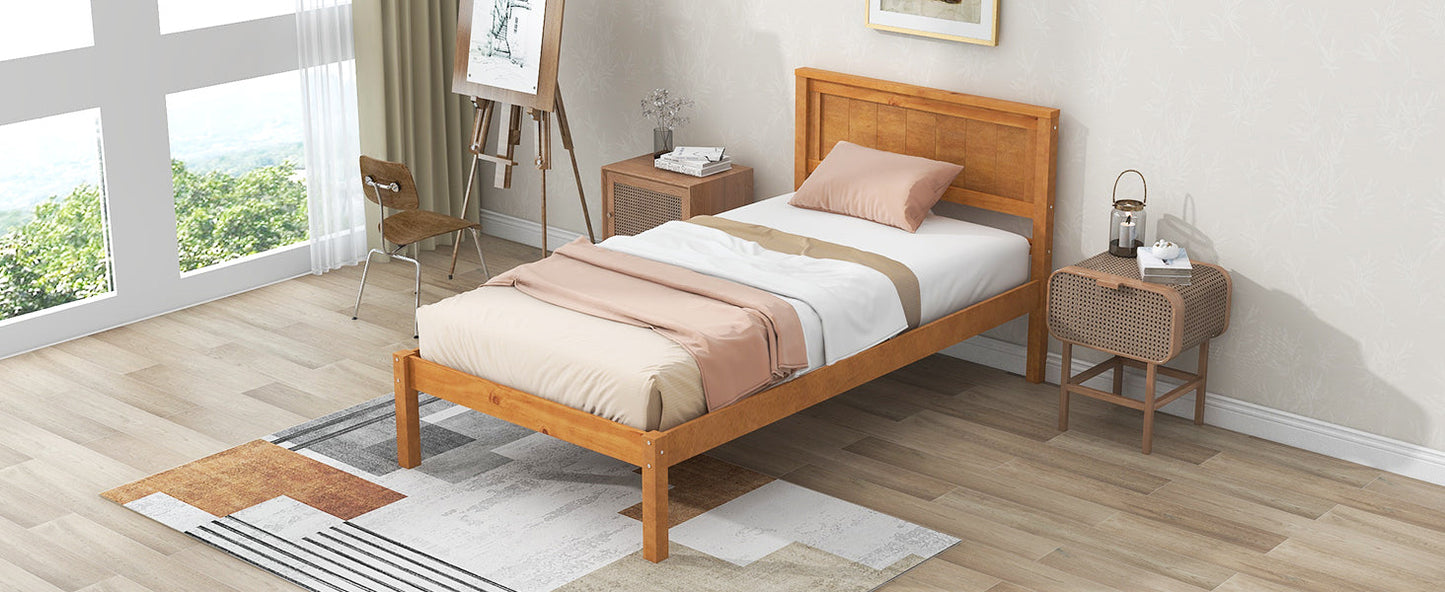 Elegant Twin Platform Bed Frame with Headboard - Oak Finish