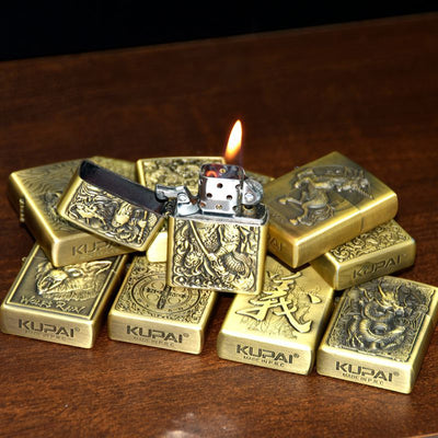 Retro Windproof Kerosene Lighter with Bronze Relief Design