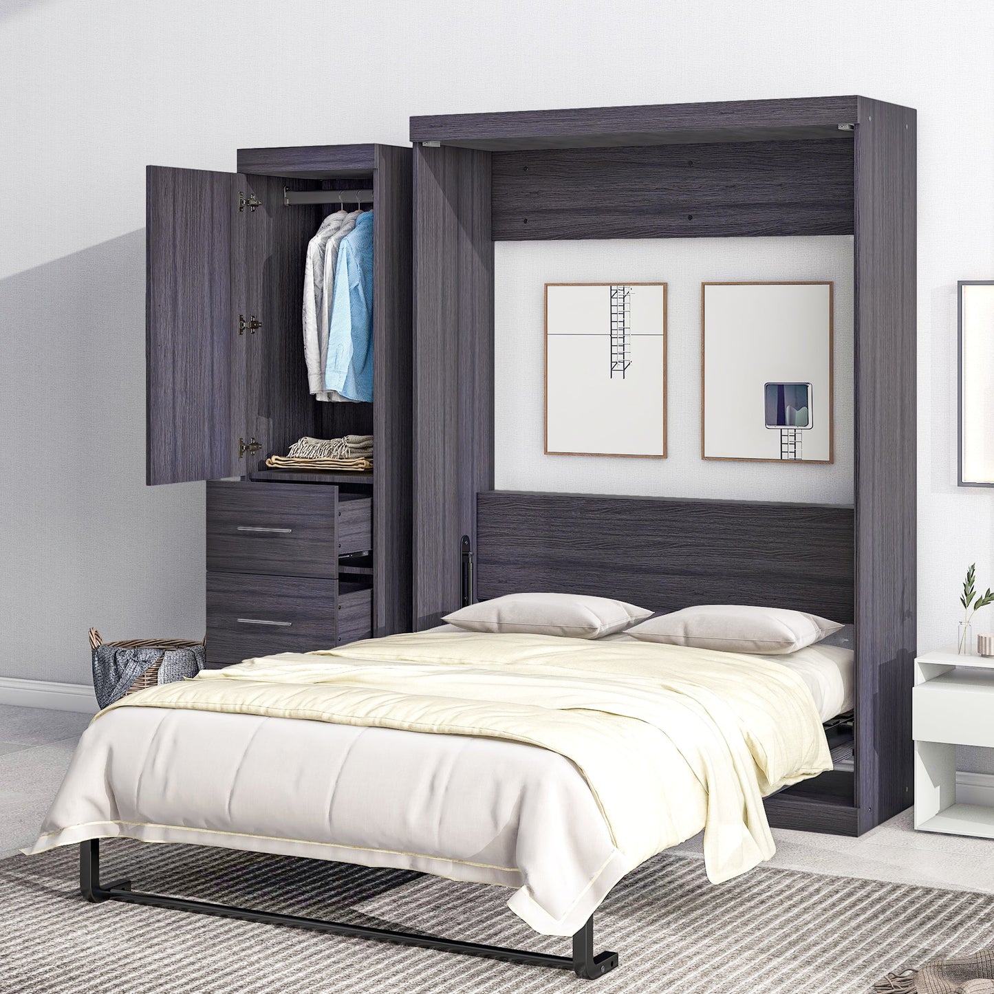 Full Size Gray Murphy Bed with Wardrobe and Drawers