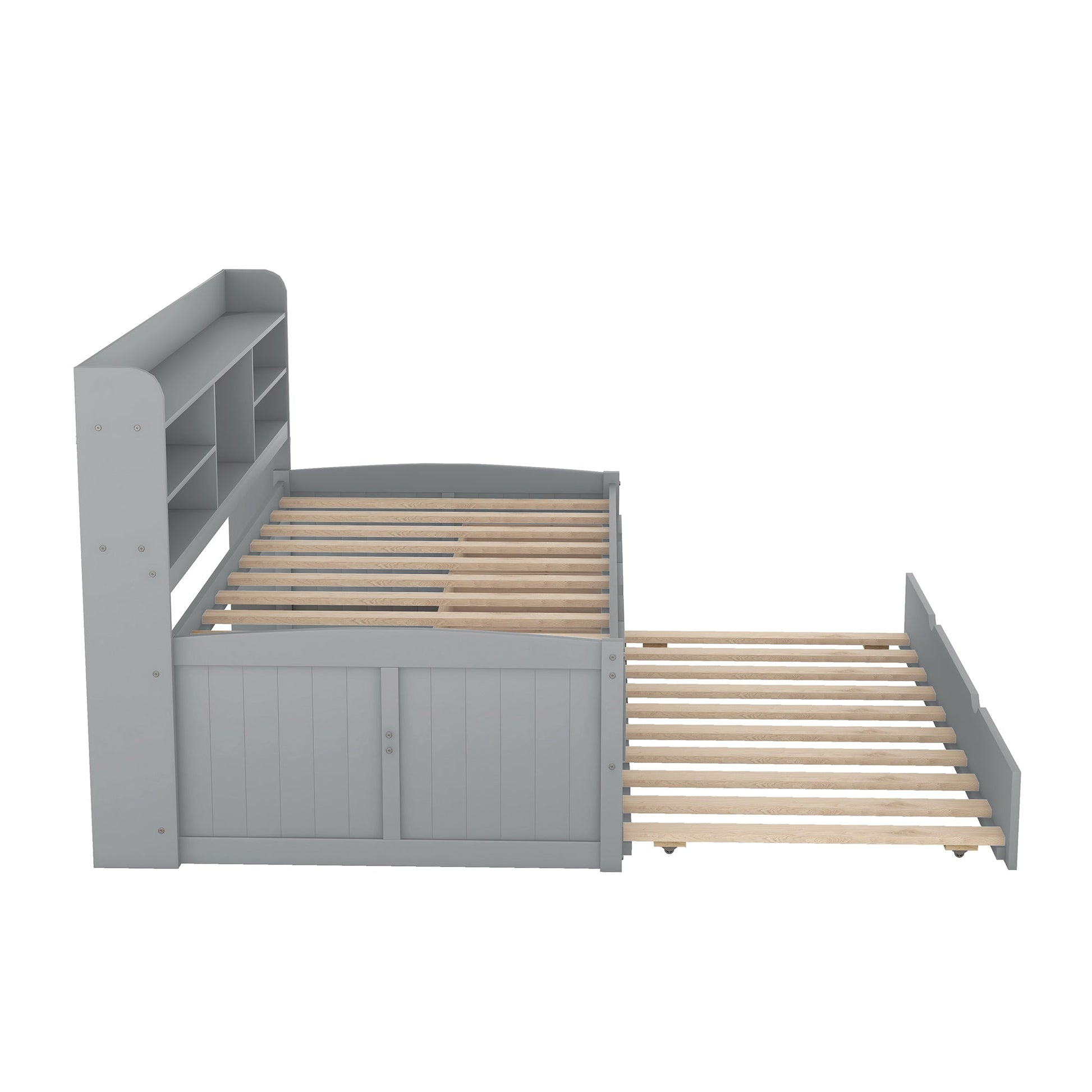 Twin Size Wooden Captain Bed with Built-in Bookshelves,Three Storage Drawers and Trundle Light Grey - Korvel