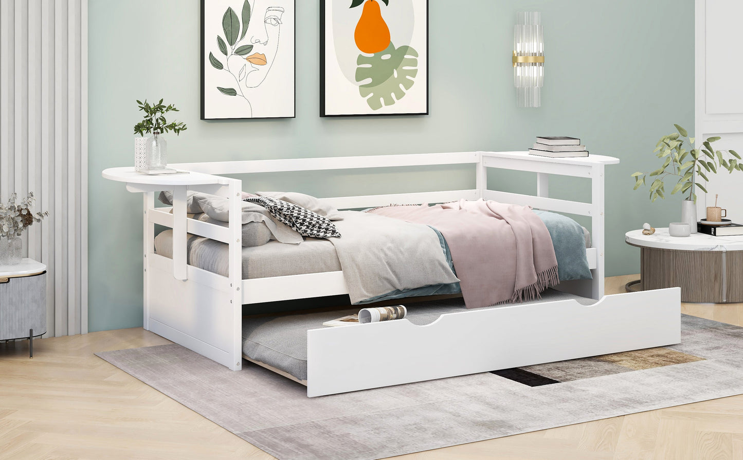 win Size Daybed with Trundle and Foldable Shelves on Both Sides White - Korvel