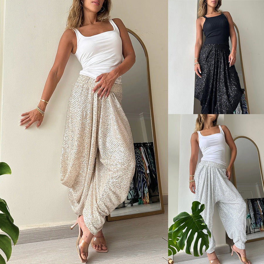 Loose sequin trousers INS elastic waist casual bloomers - Korvel