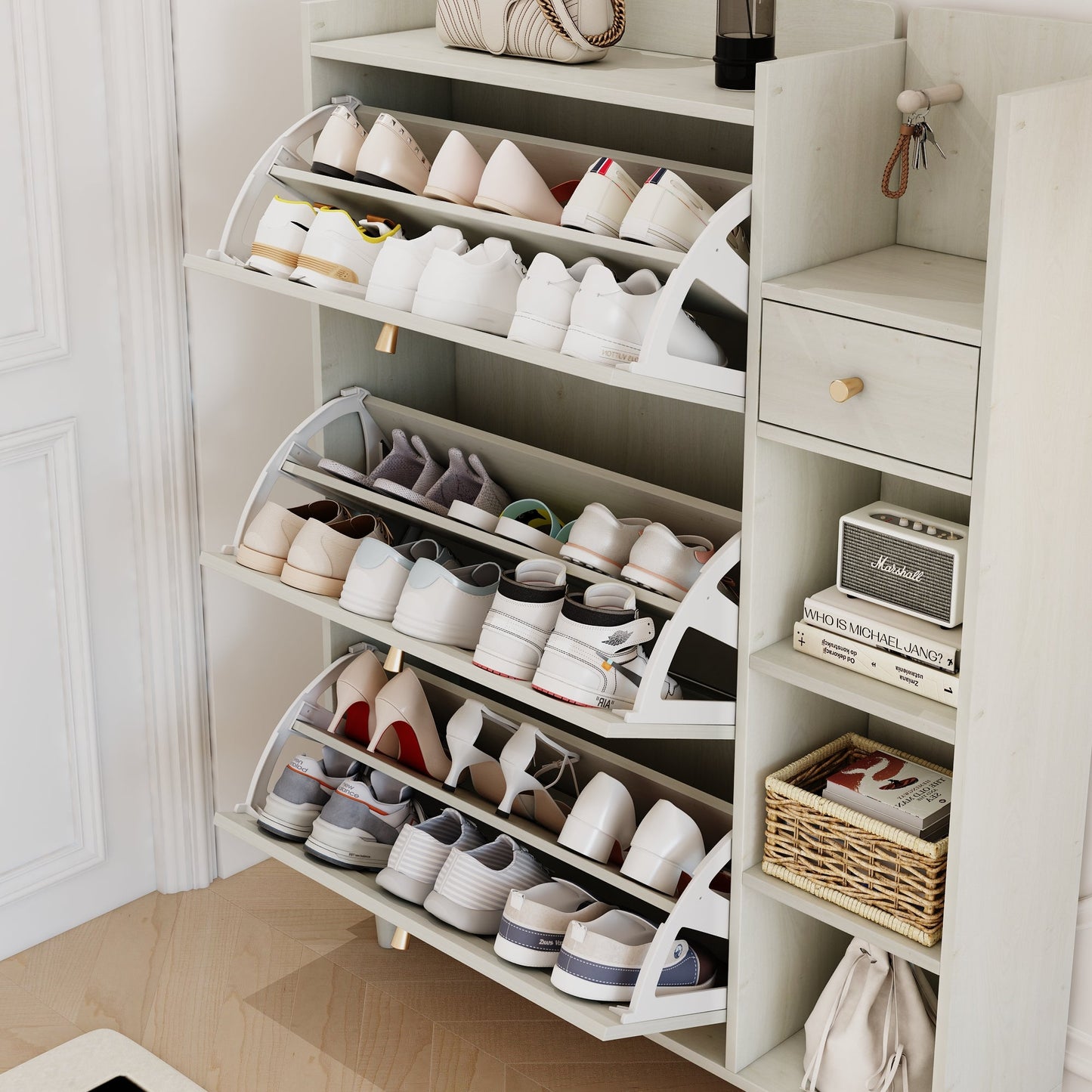 Natural Bohemian style shoe cabinet with 3 rattan flip drawers, 3 square shelves, and 1 storage drawer, white - Korvel