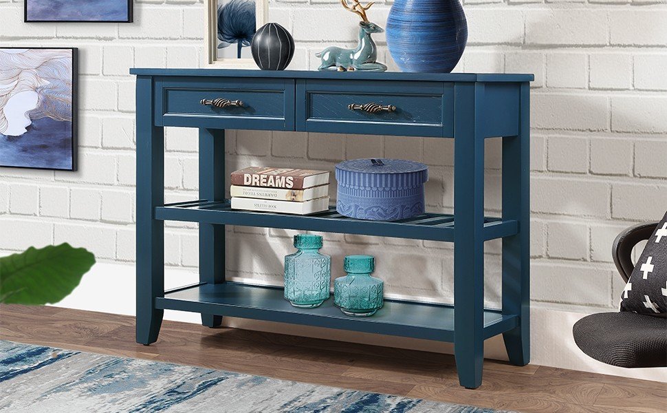 Mesa Consola Sofá de Estilo Mid-Century con Cajones de Almacenamiento - Azul Marino