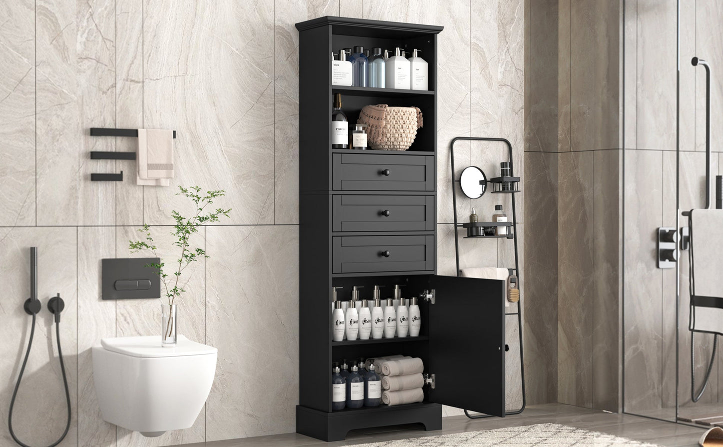 Elegant Black High Storage Cabinet with 3 Drawers