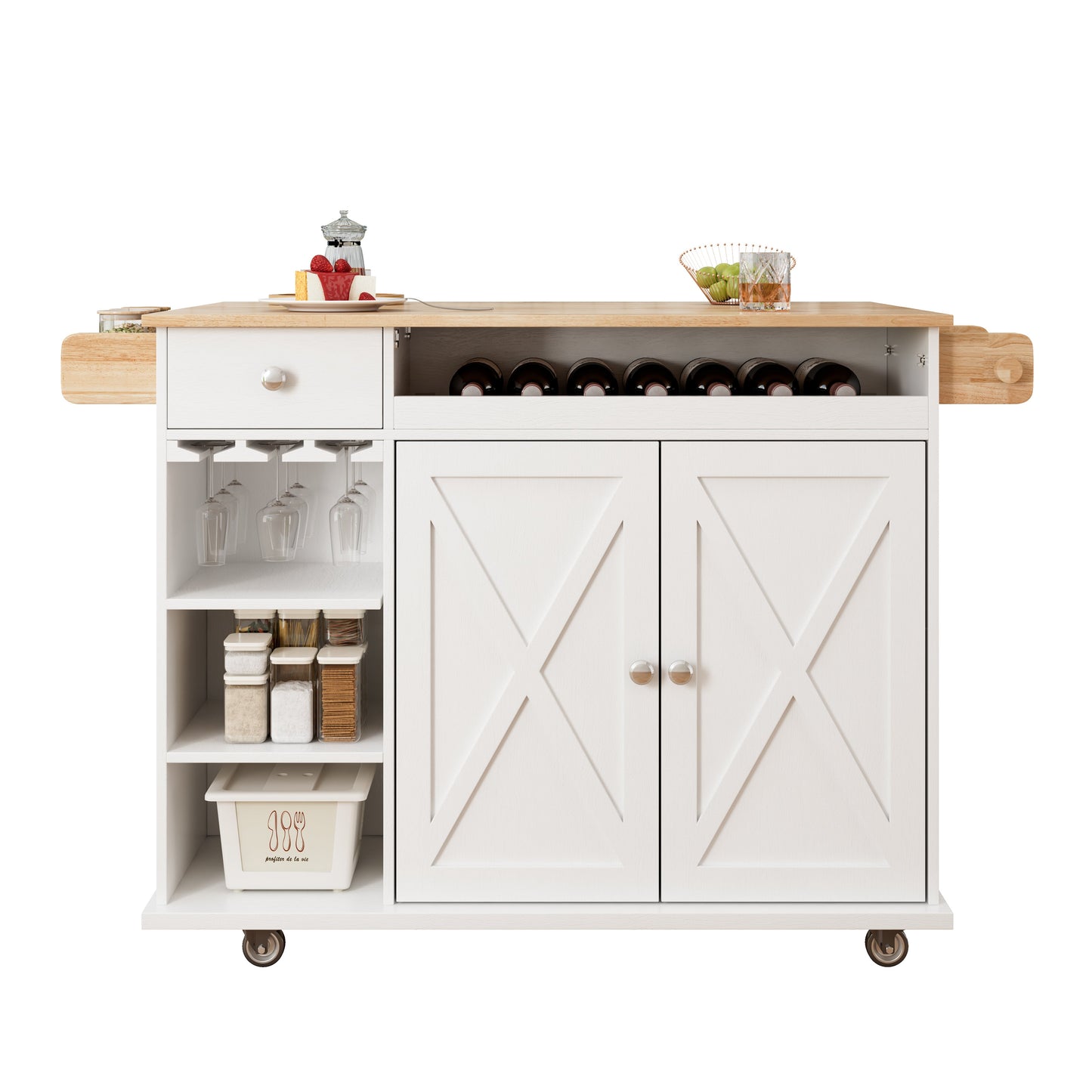 44 Inch Kitchen Island Cart with Solid Wood Top, Wine Storage, Spice Rack, Towel Rack, Wine Glass Holder White & Oak - Korvel