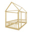 Twin Size Floor Wooden Bed with House Roof Frame and Safety Guardrails,Natural - Korvel