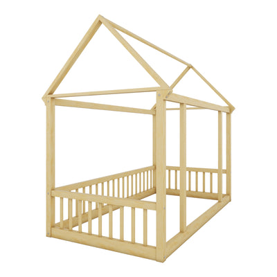 Twin Size Floor Wooden Bed with House Roof Frame and Safety Guardrails,Natural - Korvel
