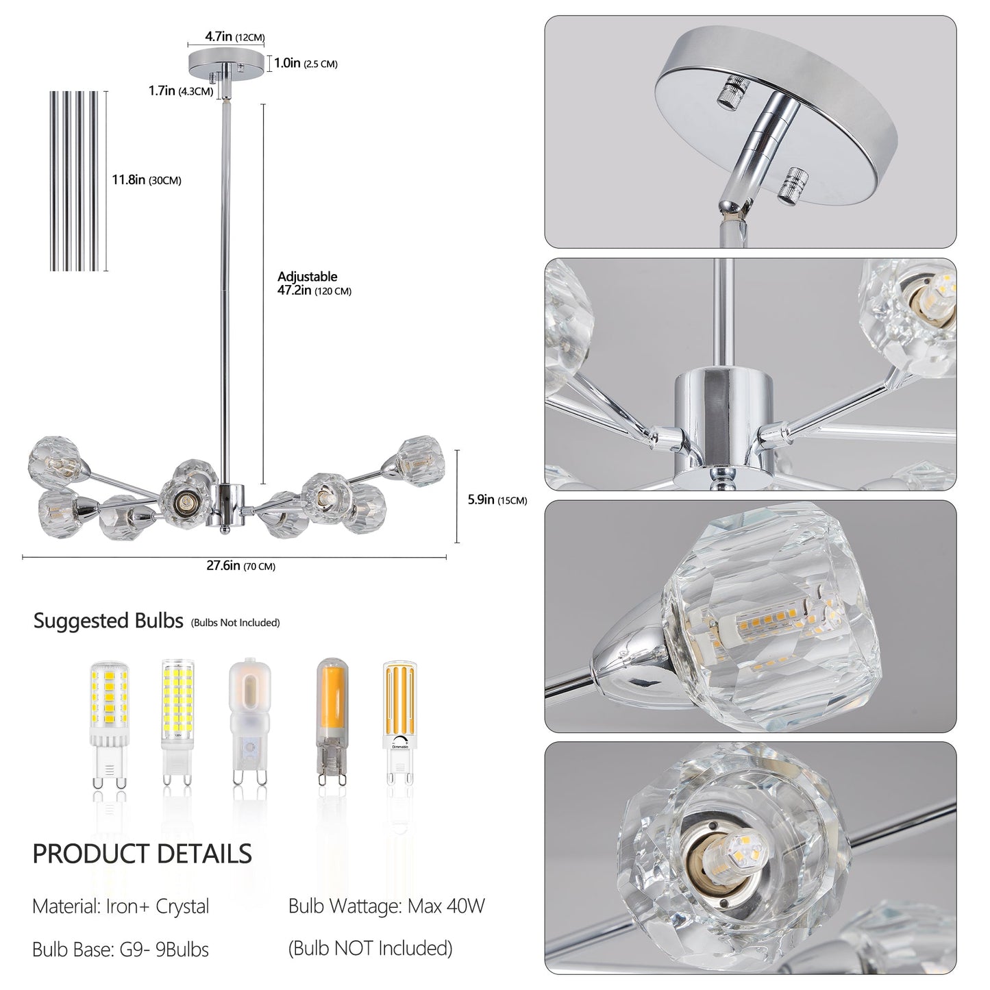 Modern Crystal Chandeliers, 9 Lights Chrome Chandelier for Living Room Bedroom (Bulbs Not Included) - Korvel