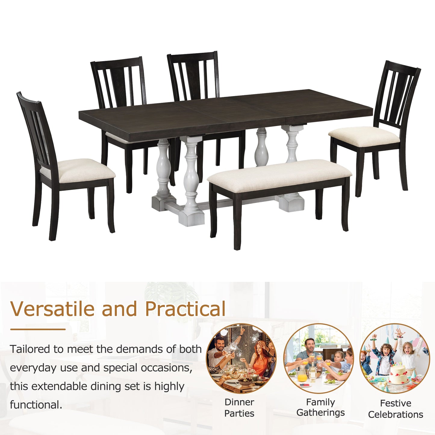 Traditional 6-Piece 78inch Trestle Extendable Dining Table Set with One 18inch Removable Leaf Distressed White - Korvel