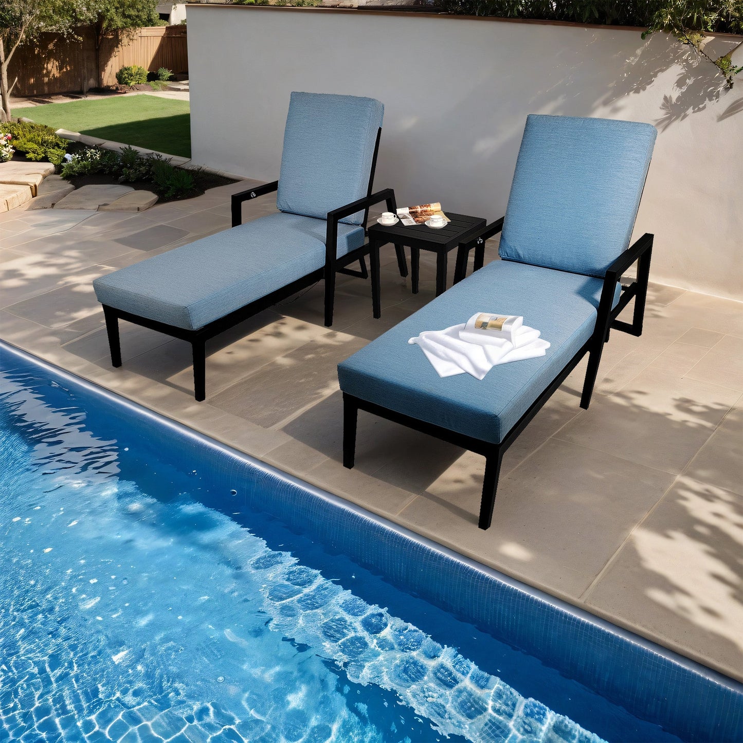 3PC Outdoor Aluminum Patio Furniture Chaise Lounge Set 2 Chaise & 1 End Table - Korvel