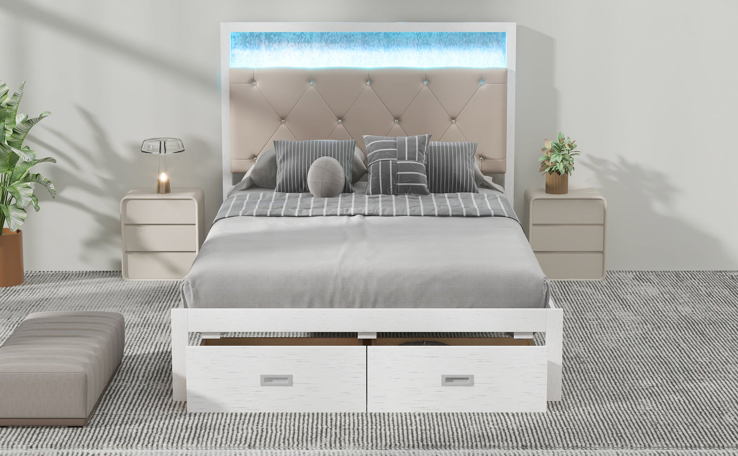 Wood Full Size Platform Bed with Upholstered Headboard and LED and 2 Drawers, Antique White - Korvel