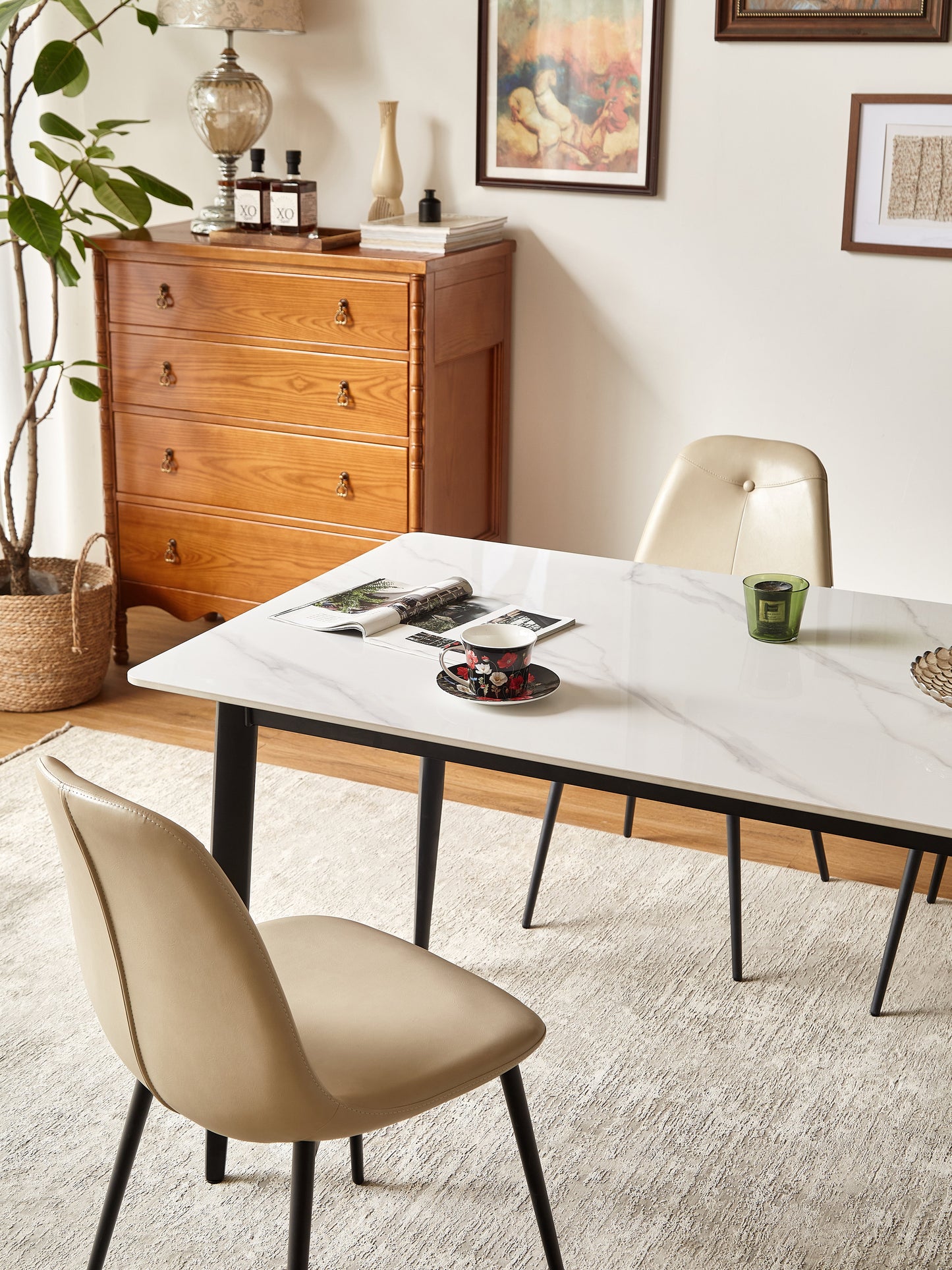 A set of 2 high back dining chairs with PU artificial leather soft cushions and metal legs, decorated with large soft cushions - Korvel