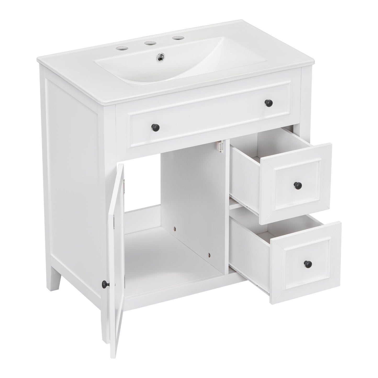 30" Bathroom Vanity with Sink Top, Bathroom Vanity Cabinet with Door and Two Drawers, Solid Wood Frame, One Package, White - Korvel