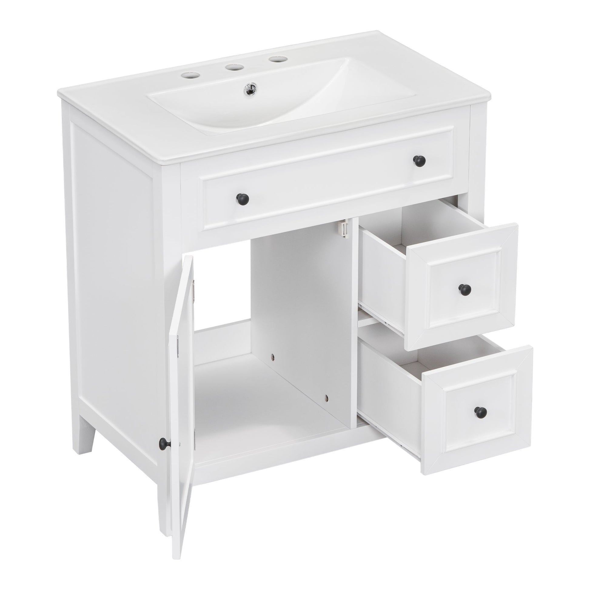 30" Bathroom Vanity with Sink Top, Bathroom Vanity Cabinet with Door and Two Drawers, Solid Wood Frame, One Package, White - Korvel