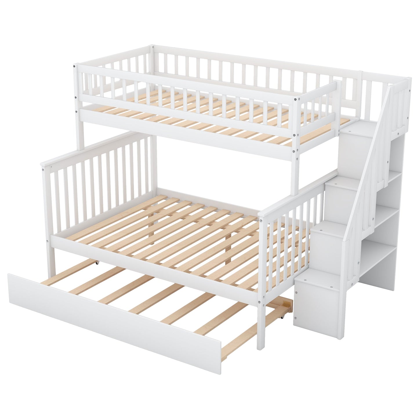 Elegant Twin over Full Bunk Bed with Trundle and Staircase - White