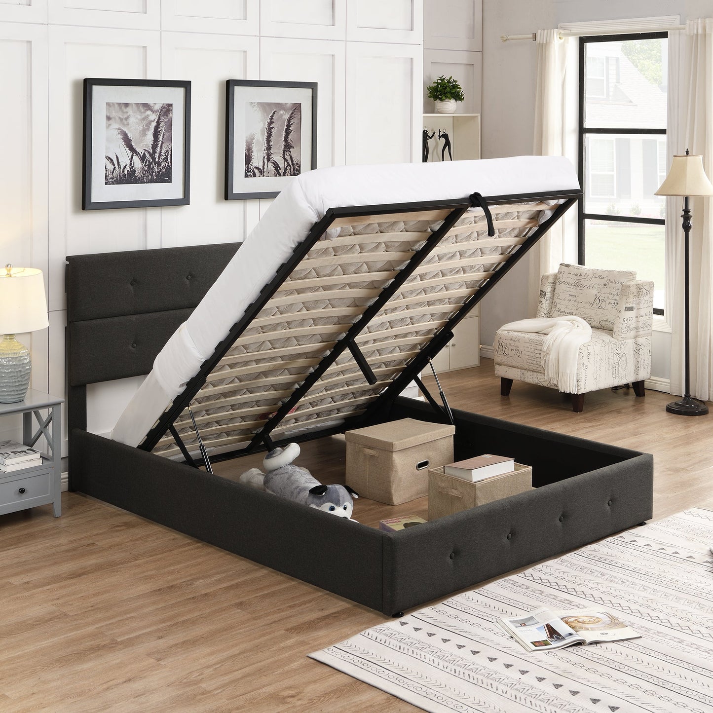 Lit plateforme queen rembourré avec rangement - Gris
