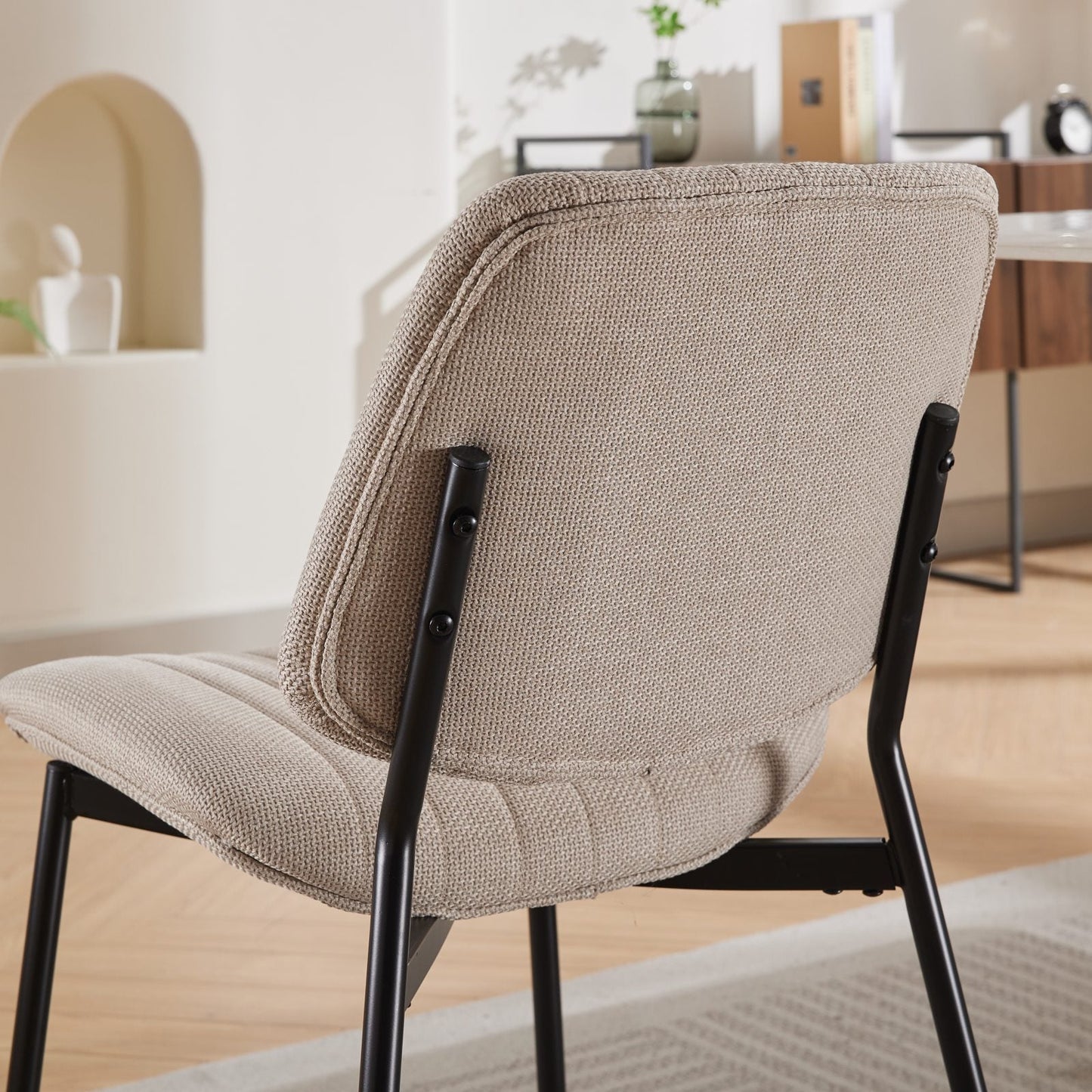 2-piece retro linen chair set with curved wooden backrest, cushioned seat, adjustable metal legs, (Beige Linen) - Korvel