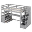 Twin Size Loft Bed with Desk and Shelves Two Built-in Drawers, Storage Staircase Gray - Korvel