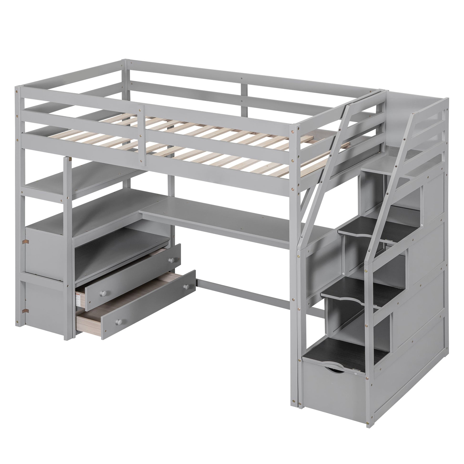 Twin Size Loft Bed with Desk and Shelves Two Built-in Drawers, Storage Staircase Gray - Korvel