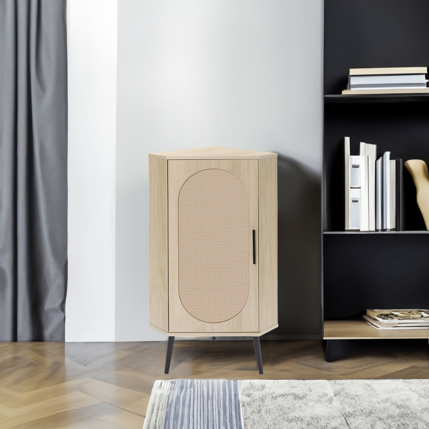 Elegant Freestanding Corner Cabinet with Rattan Doors