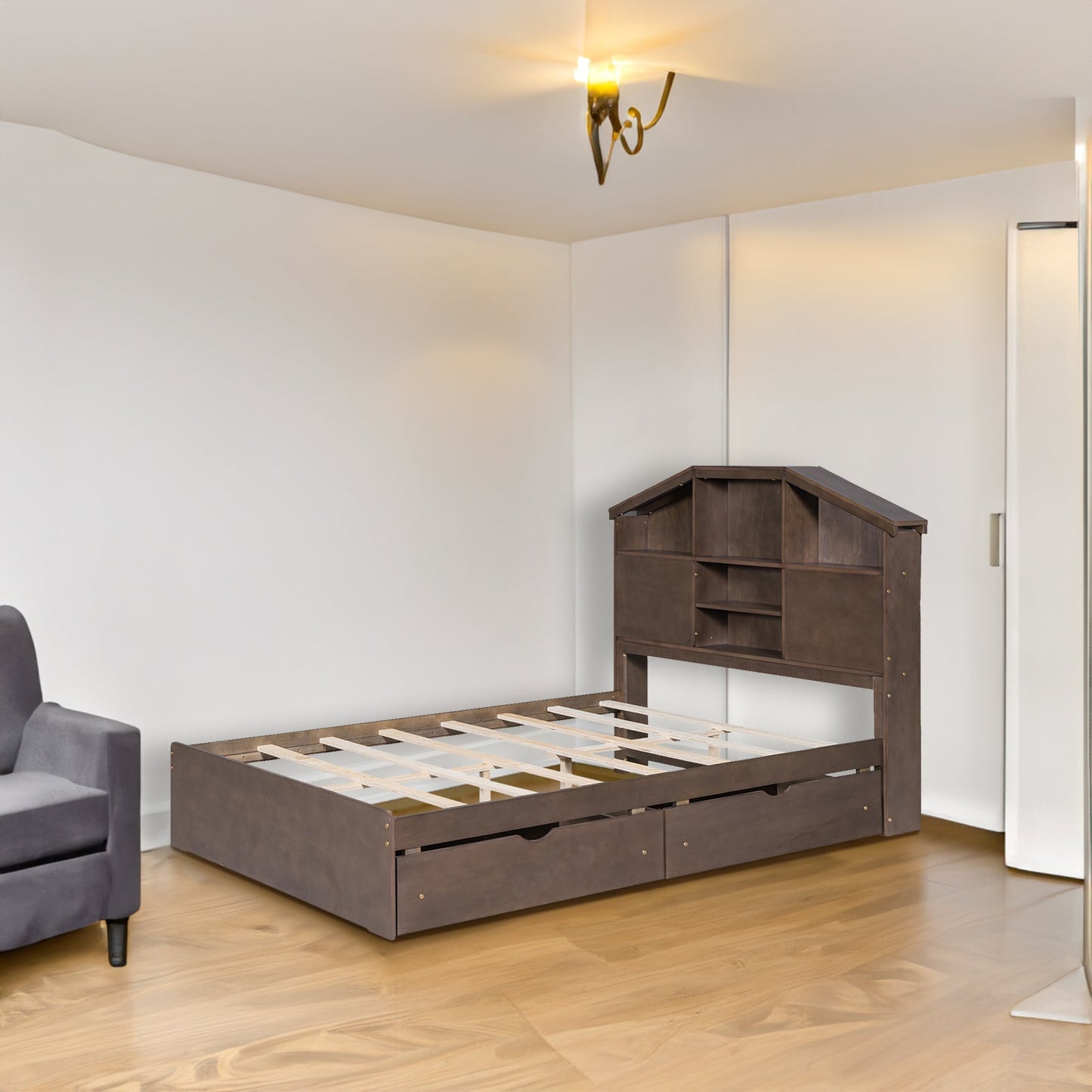 Cama Plataforma de Madera de Nogal de Tamaño Completo con Cabecera de Almacenamiento