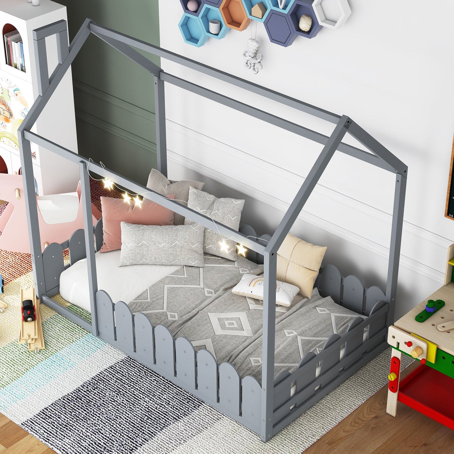 Cadre de lit en bois de taille twin avec clôture pour enfants - Gris