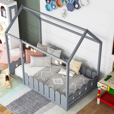 Twin Size Wood House Bed Frame with Fence for Kids - Gray
