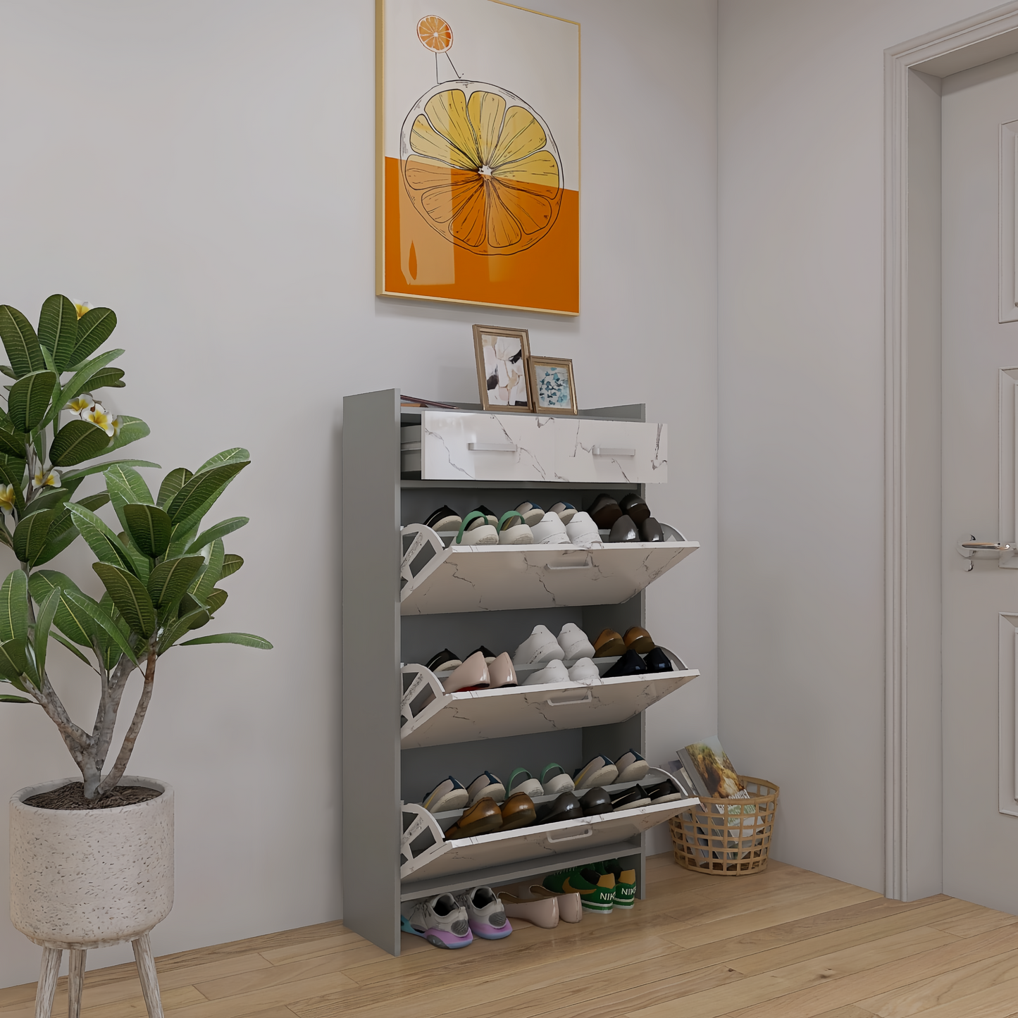 High Glossy Marble Color Shoe Rack with 3 Doors and 2 Drawers