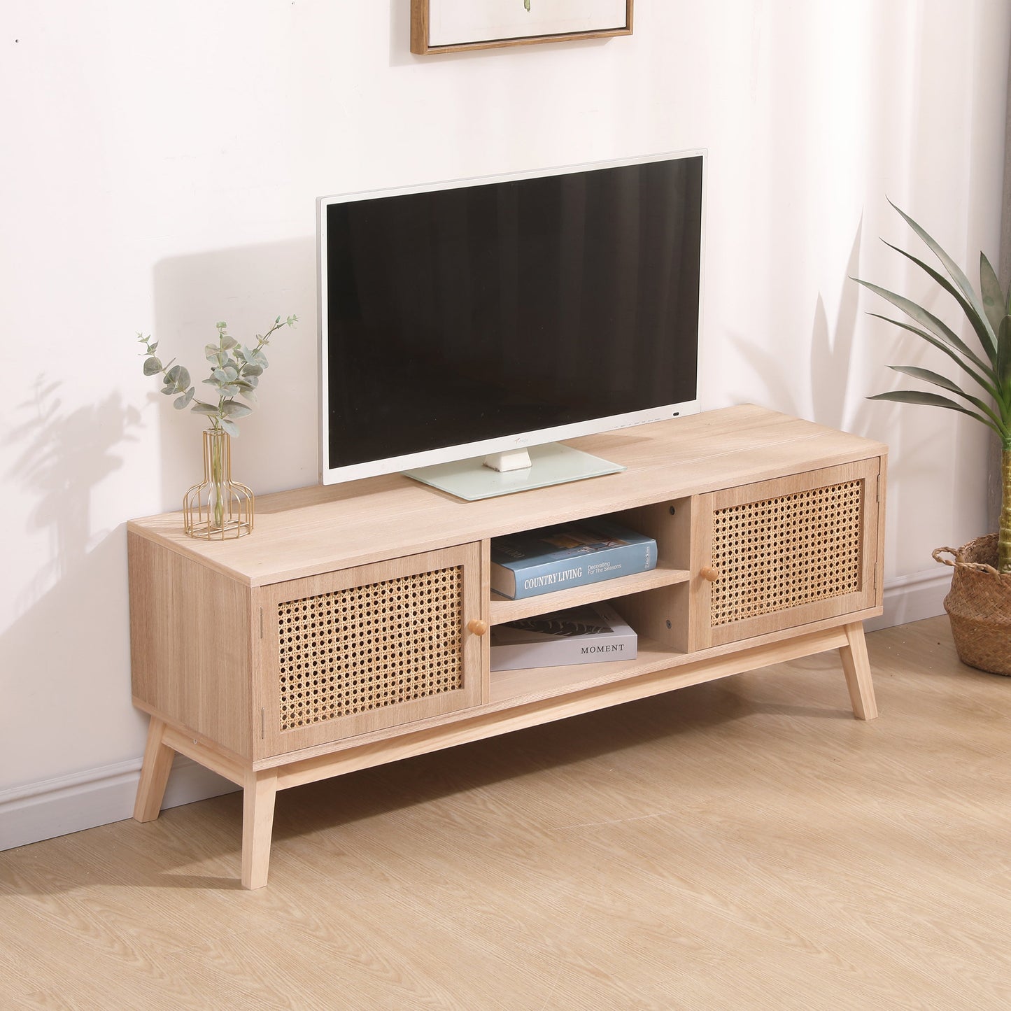 Support de télévision Boho SUPERJARE pour TV de 55 pouces avec étagère réglable