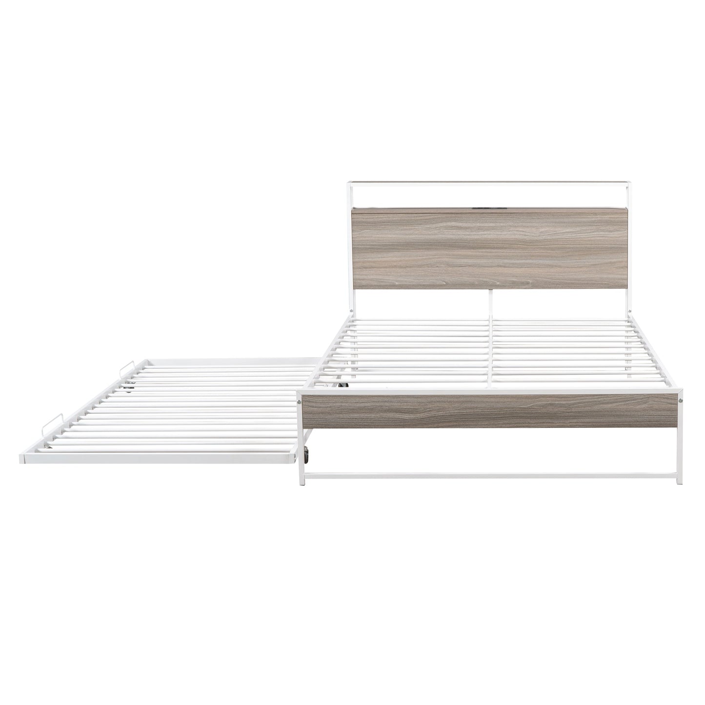Full Size Metal Platform Bed Frame with Trundle, USB Ports and Slat Support No Box Spring Needed White - Korvel