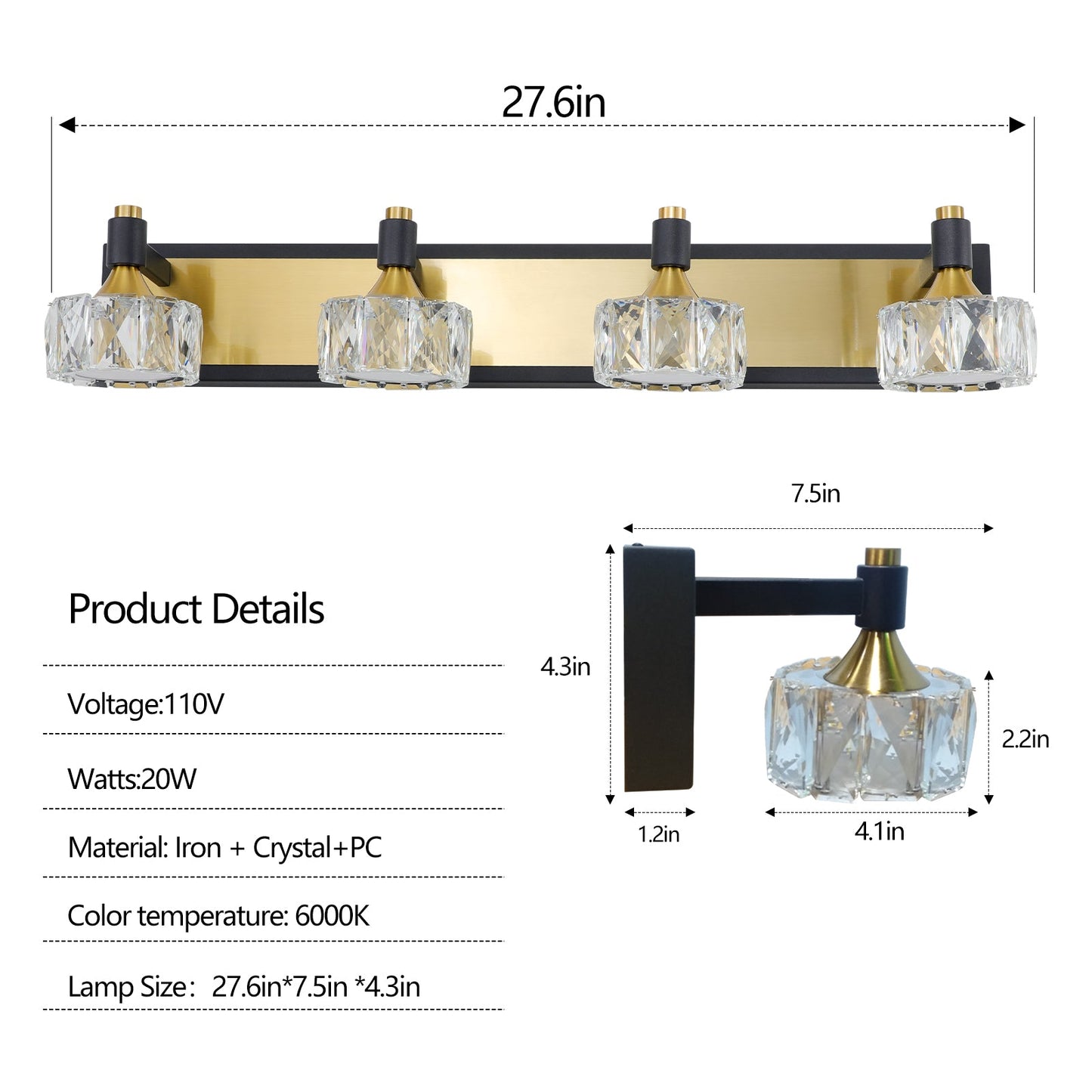 LED 4-Light Modern Crystal Bathroom Vanity Light Over Mirror Bath Wall Lighting  Fixtures - Korvel