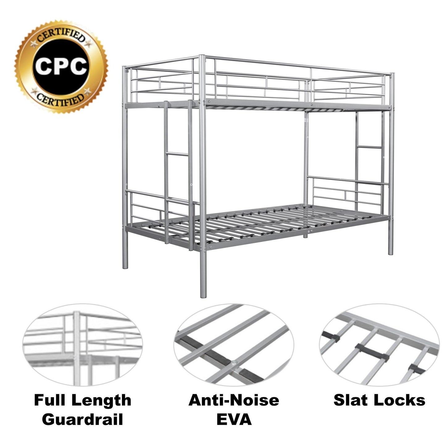 Metal bunk bed/sturdy/noise reduction/2 side ladders/safety guardrails/CPC certification/no spring box required (Silver) - Korvel