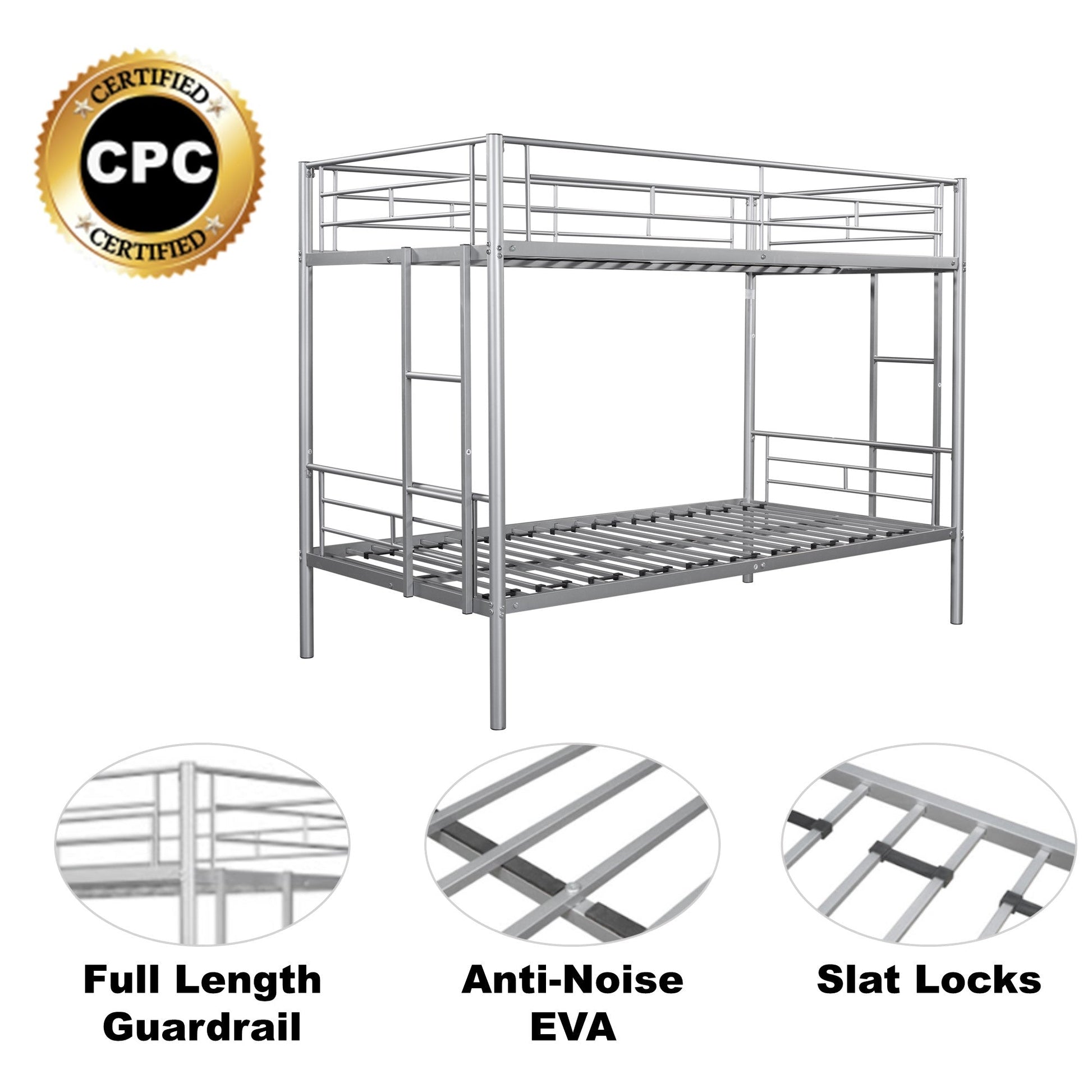 Metal bunk bed/sturdy/noise reduction/2 side ladders/safety guardrails/CPC certification/no spring box required (Silver) - Korvel