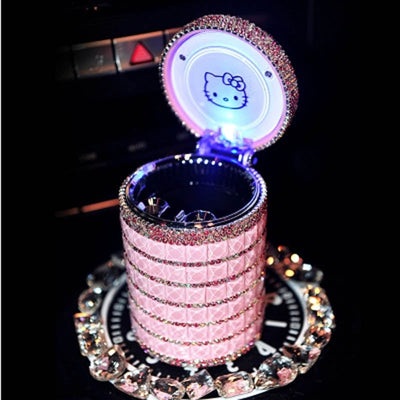 Portable Car ashtray with Light Hello Kitty KT Accessories for Girls Led Car Ash Tray Ashtray Storage Cup Holder Crystal Diamond - Korvel