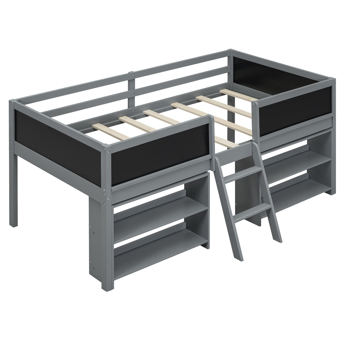 Twin Size Low Loft Bed with Two Movable Shelves and Ladder,with Decorative Guardrail Chalkboard,Gray - Korvel