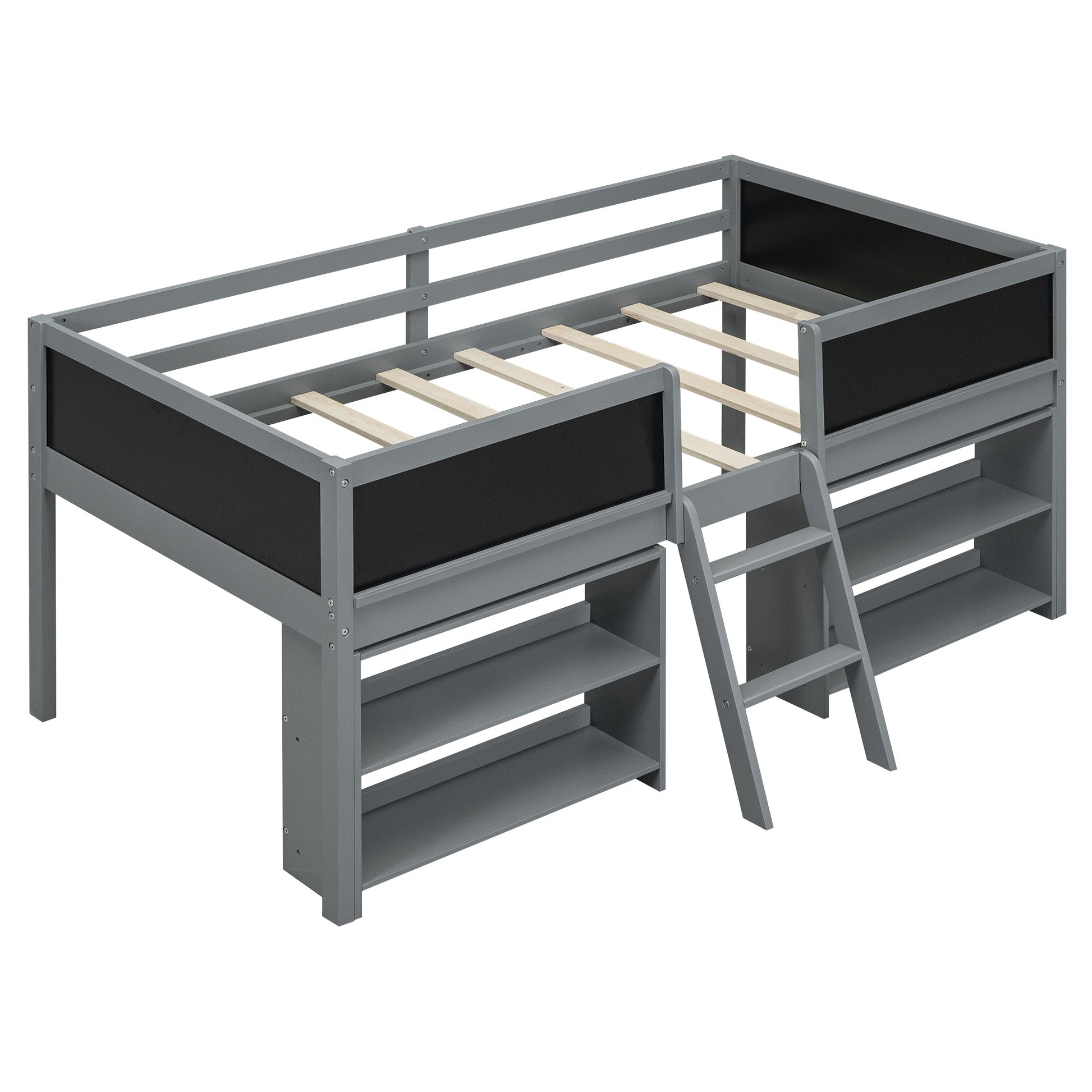 Twin Size Low Loft Bed with Two Movable Shelves and Ladder,with Decorative Guardrail Chalkboard,Gray - Korvel