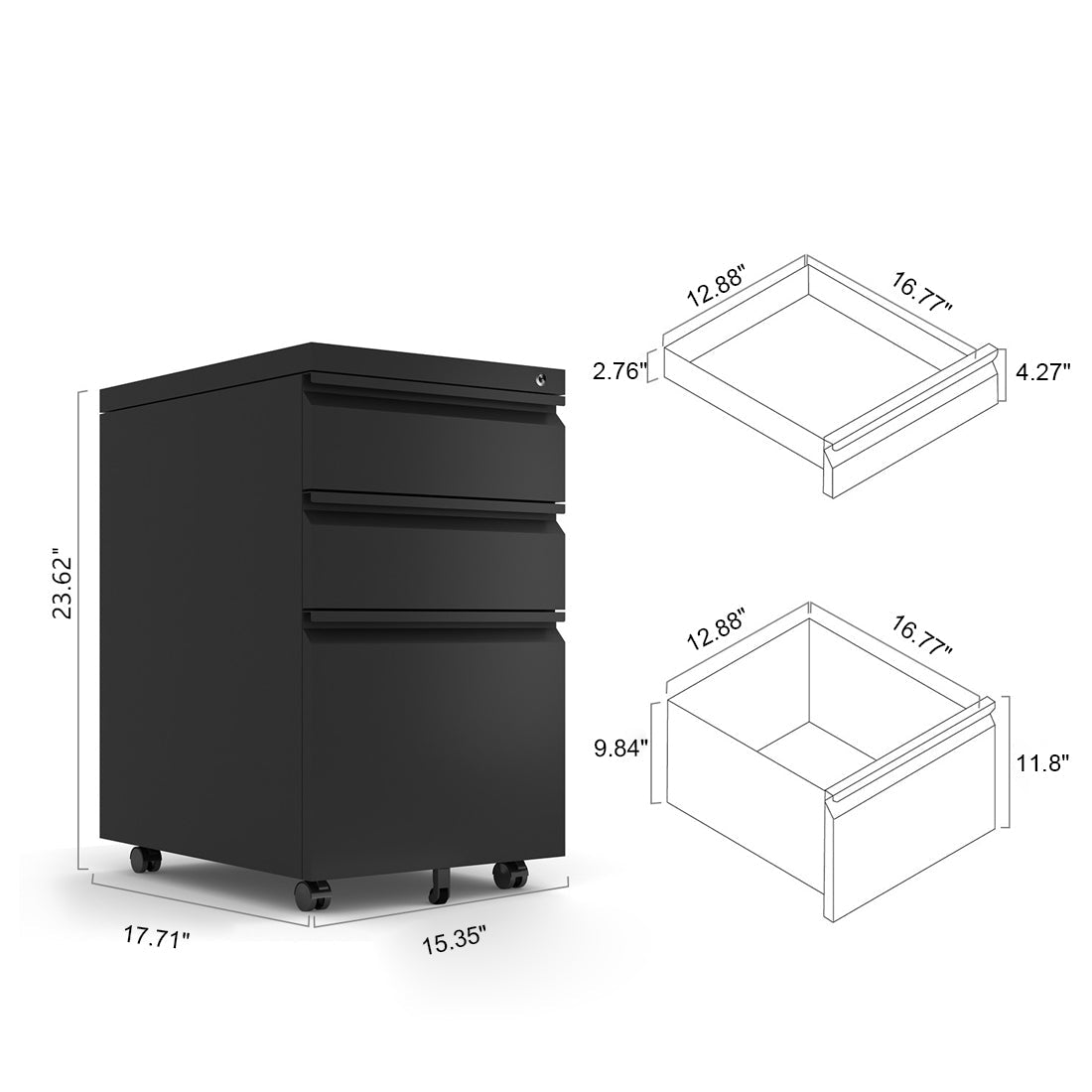 Locked three drawer storage mobile metal filing cabinet with pre installed wheels under the desk filing cabinet - Korvel