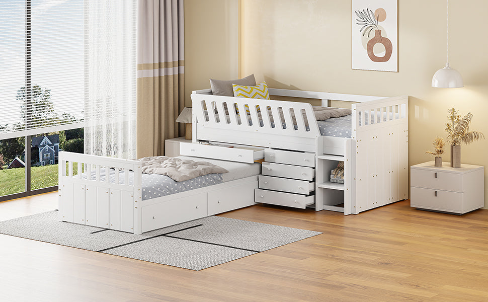 Cama loft twin en forma de L que ahorra espacio con 7 cajones - Blanca