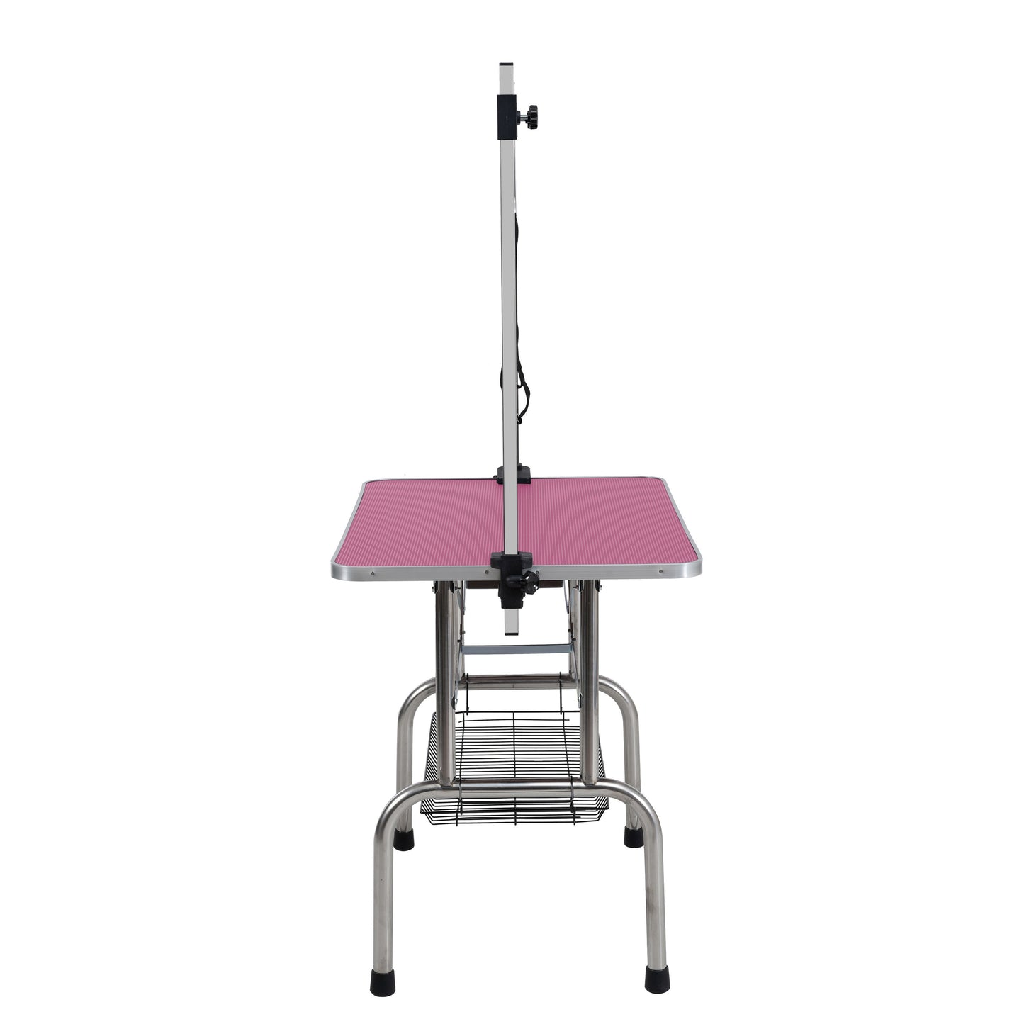 36 inch folding pet grooming table with stainless steel frame and rubber pad, equipped with adjustable armrests and clips (pink) - Korvel