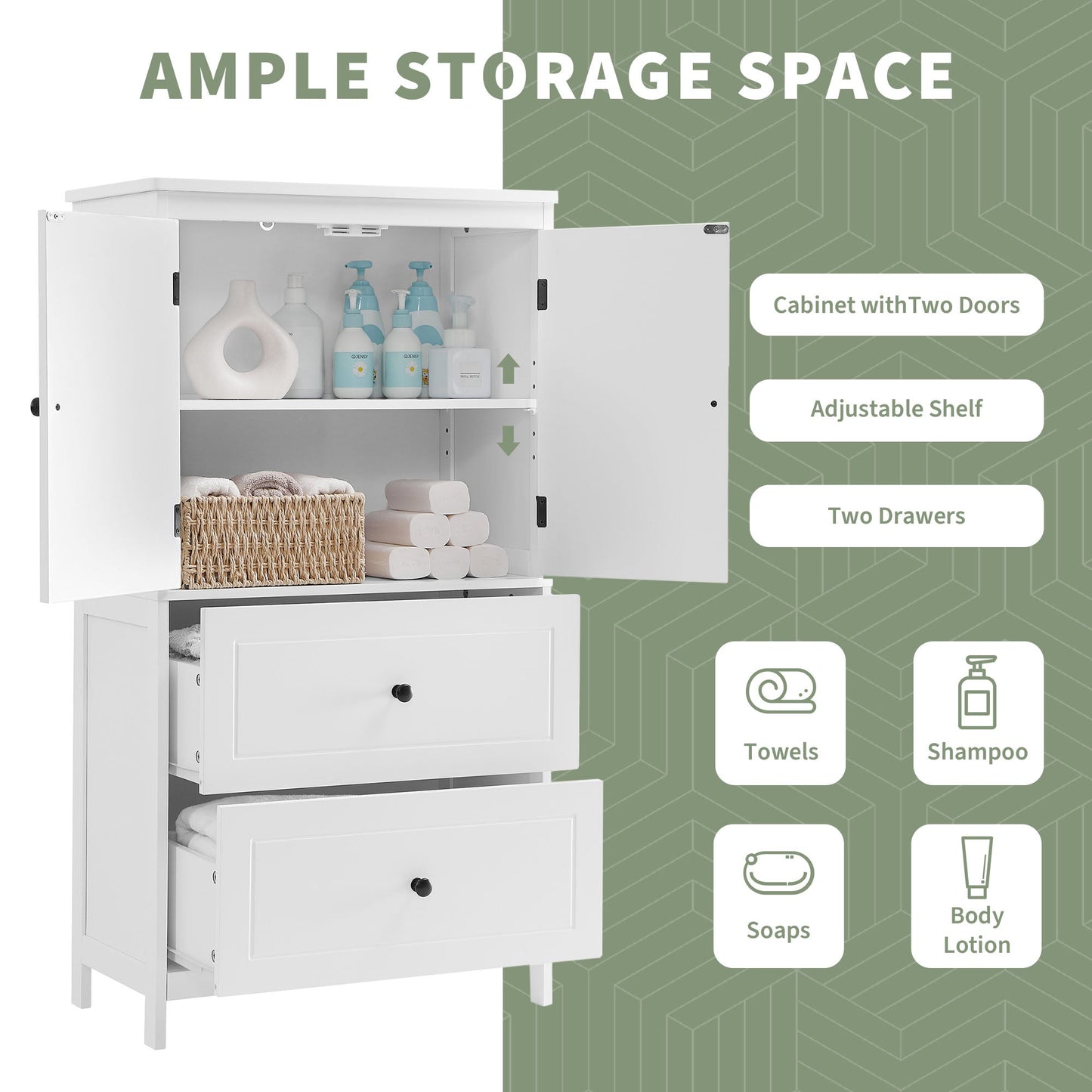 Bathroom Storage Cabinet, Cabinet with Two Doors and Drawers, Adjustable Shelf, MDF Board, White - Korvel