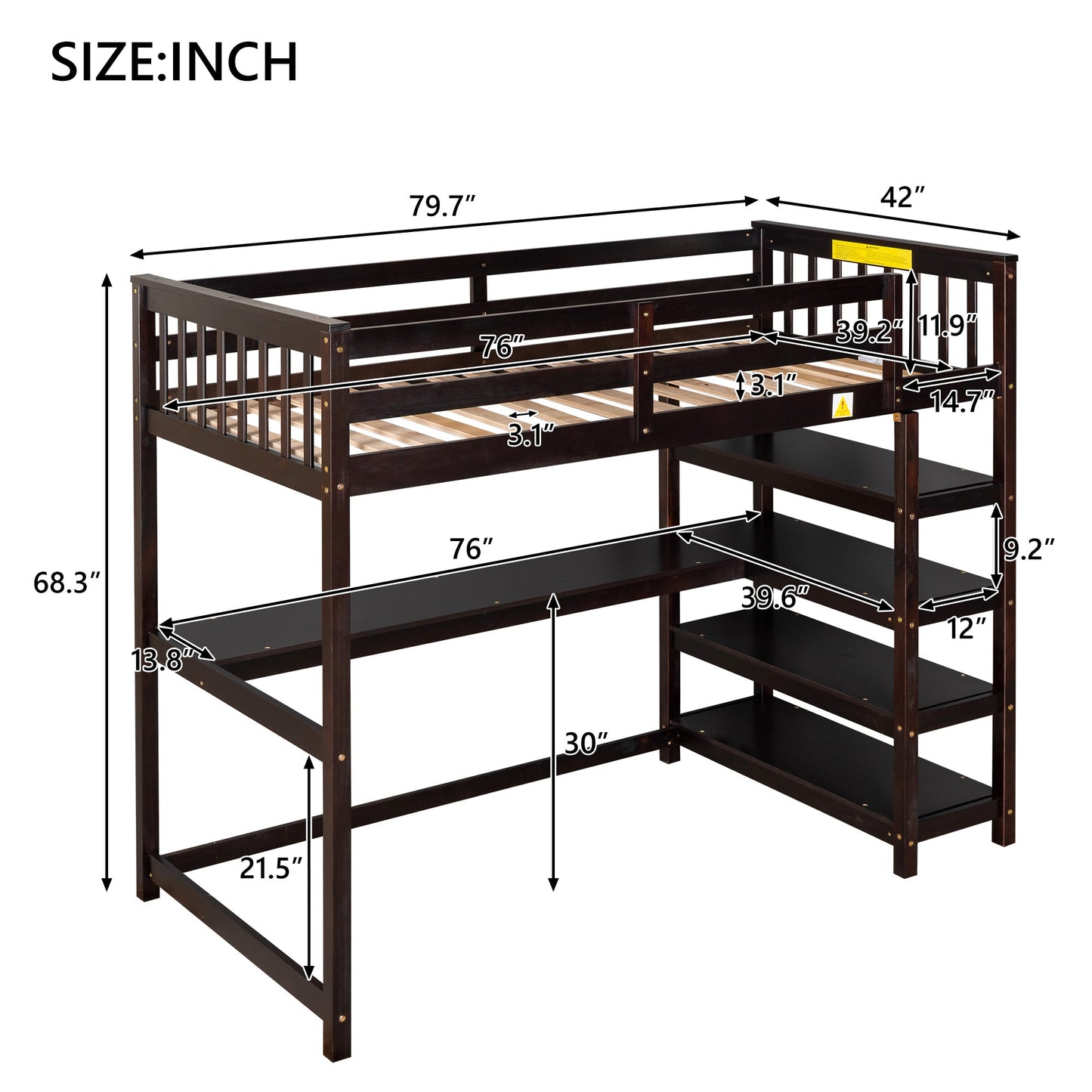 Twin Size Loft Bed with Storage Shelves and Under-bed Desk - Espresso