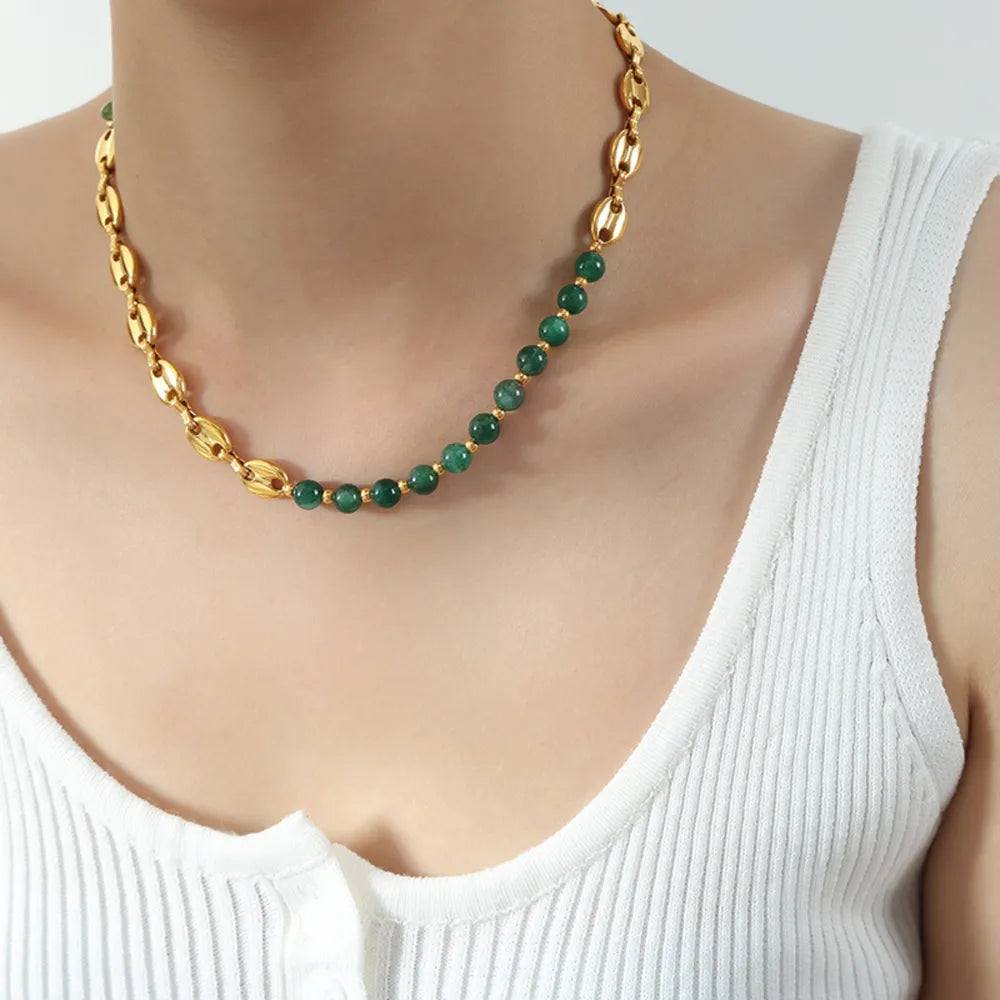 Collier en Chaîne de Perles d'Agate Élégant en Acier Titane Plaqué Or
