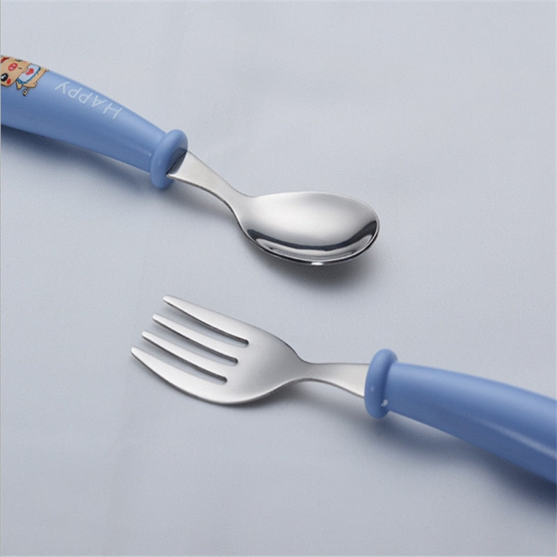 Baby Gadgets Tableware Set Children Utensil Stainless Steel Toddler Dinnerware Cutlery Cartoon Infant Food Feeding Spoon Fork - Korvel